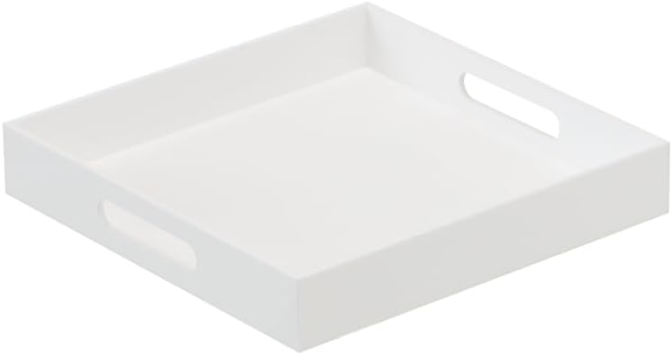 Glossy White Sturdy Acrylic Serving Tray with Handles-12x12 Inch-Serving Coffee,Appetizer,Breakfast,Butler-Kitchen Countertop Tray-Makeup Drawer Organizer-Vanity Table,Ottoman Tray-Decorative