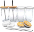 Elk and Friends Glass Mason Jars 24oz with Bamboo Straw Lids + Stainless Steel Straws | Smoothie + Iced Coffee + Bubble Tea Cups | Glass Cups with Lids and Straws