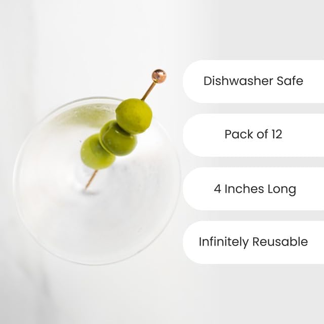 A Bar Above Antique Copper Cocktail Picks, 12 Reusable Metal Drink Garnish Sticks for Appetizers, Shrimp Cocktail, and Bloody Mary Skewers, 8-Inch Stainless Steel Stir Picks Combo