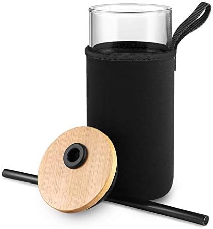 Tronco 20oz Glass Cups With Bamboo Lids and Straws,Iced Coffee Cup Reusable, Smoothie Cups,Glass Tumbler With Straw,Wide Mouth Tumbler with Nylon Protective Sleeve - BPA Free