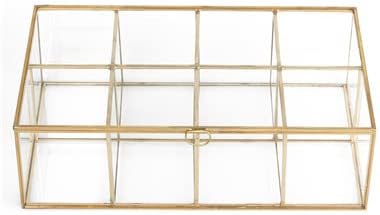 NCYP Glass Tea Bags Organizer with Lid, 8 Compartments Teabag Container, Indoor Counter Top Brass Display Case, 12" x 7.1" x 3.7" Teabag Storage Box, Gold Decor (Glass Box Only)