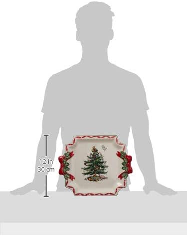 Spode Christmas Tree Ribbons Square Platter with Bow Handles - 11-Inch Holiday Serving Plate for Desserts, Appetizers, & Treats - Festive Christmas Dinnerware with Gold Accents - Dishwasher Safe