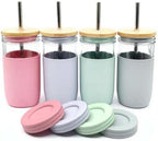 Elk and Friends 24oz Glass Mason Jar – Pack of 4 | Bamboo Straw Lids + Stainless Steel Straws | Smoothie + Iced Coffee + Bubble Tea Cups | Glass Cups with Lids and Straws | Dishwasher Safe