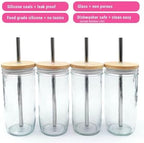 Elk and Friends Glass Mason Jars 24oz with Bamboo Straw Lids + Stainless Steel Straws | Smoothie + Iced Coffee + Bubble Tea Cups | Glass Cups with Lids and Straws