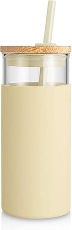 Tronco 20 oz Glass Tumbler Glass Water Bottle Straw Silicone Protective Sleeve Bamboo Lid - BPA Free (Gravel Ash)