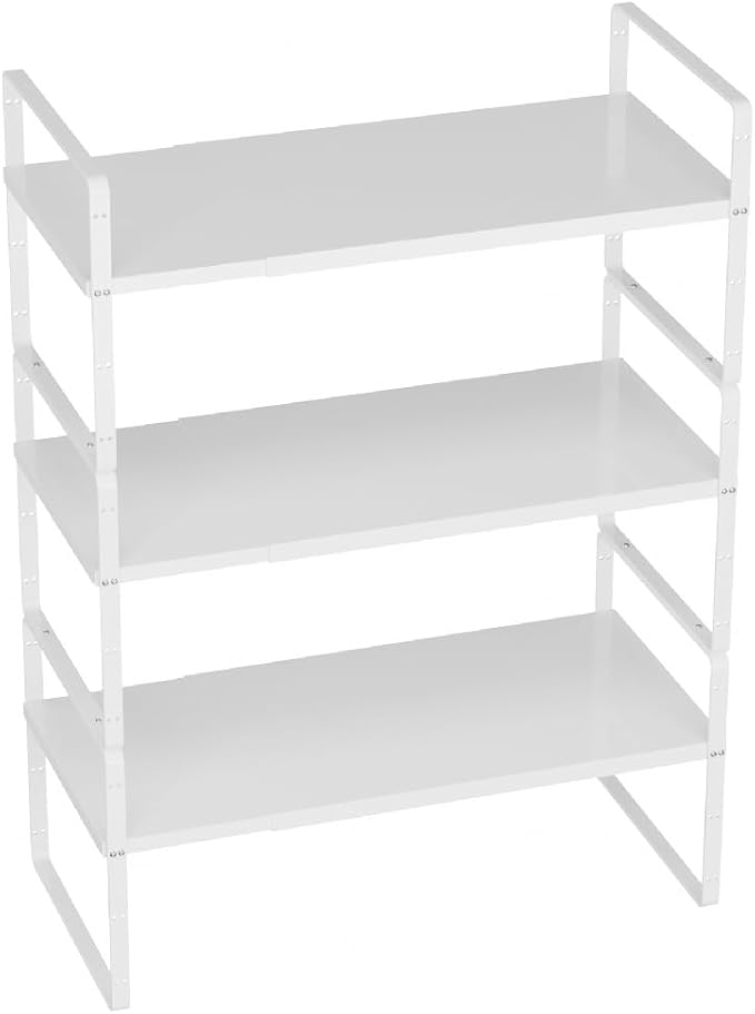 Slideep Expandable Cabinet Shelf Organizer Rack,Large Kitchen Cabinet Organizer Stackable Counter Shelf Organizer large Expandable Shelves, Counter Pantry Storage Organization, White, 3 pack