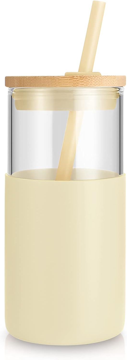 Tronco 16 oz Glass Tumbler with Straw and Bamboo Lid, Iced Coffee Cup Reusable, Smoothie Cups, Tumbler with Silicone Protective Sleeve - BPA Free