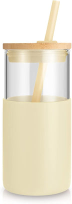 Tronco 16 oz Glass Tumbler with Straw and Bamboo Lid, Iced Coffee Cup Reusable, Smoothie Cups, Tumbler with Silicone Protective Sleeve - BPA Free