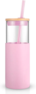 Tronco 24 oz Glass Tumbler with Straw and Lid - Glass Cup with Lid and Straw, Smoothie Cup, Iced Coffee Cup - Bamboo Lid and Protective Silicone Sleeve - BPA-Free