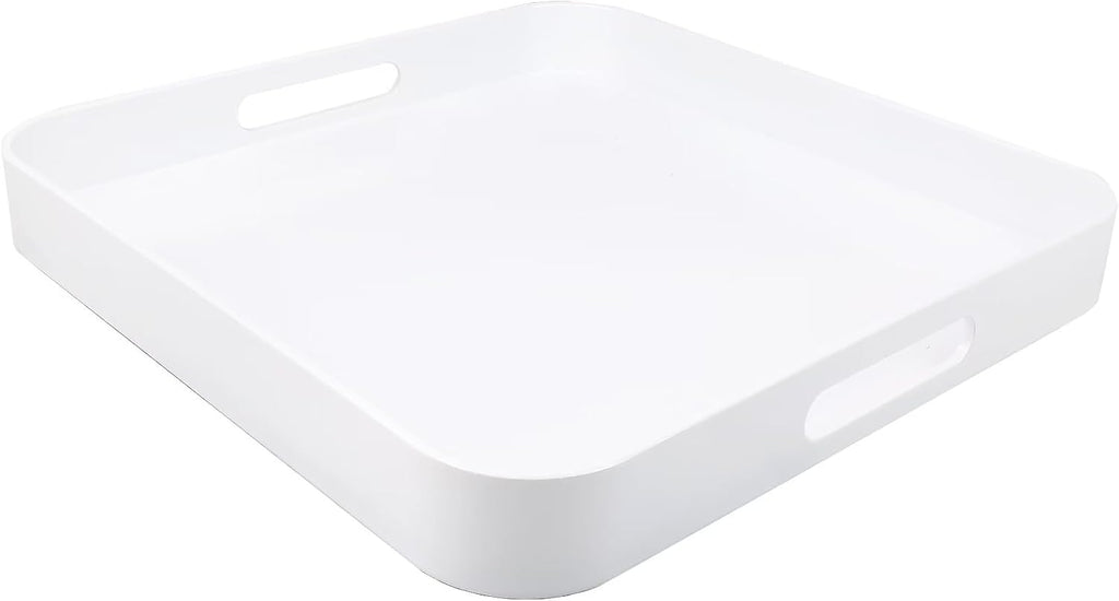 Square White Decorative Serving Tray with Handles, Versatile Ottoman Tray for Coffee Table, Entertaining, Outdoor Patio, Living Room, 13”*13”*1.6”
