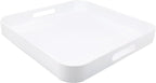 Square White Decorative Serving Tray with Handles, Versatile Ottoman Tray for Coffee Table, Entertaining, Outdoor Patio, Living Room, 13”*13”*1.6”