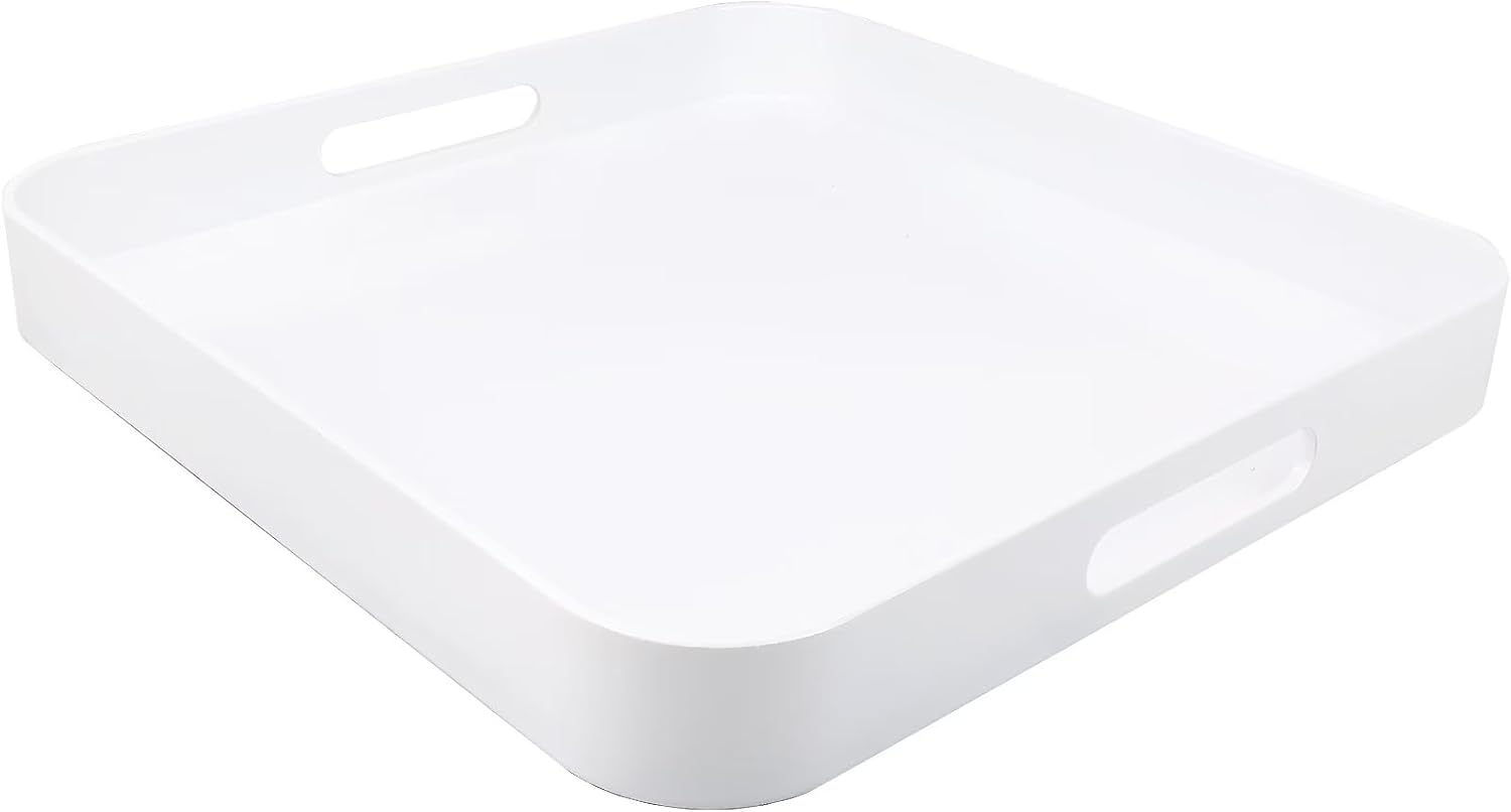 Square White Decorative Serving Tray with Handles, Versatile Ottoman Tray for Coffee Table, Entertaining, Outdoor Patio, Living Room, 13”*13”*1.6”