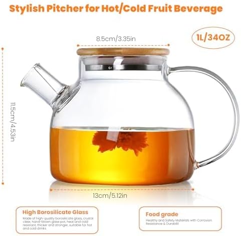 Glass Teapot 34oz/1000ml, Stovetop & Microwave Safe Borosilicate Tea Pot,Clear Teapot with Strainer, Glass Tea Kettle with Wooden Lid for Loose Leaf、Fruit Tea and Fragrant Tea