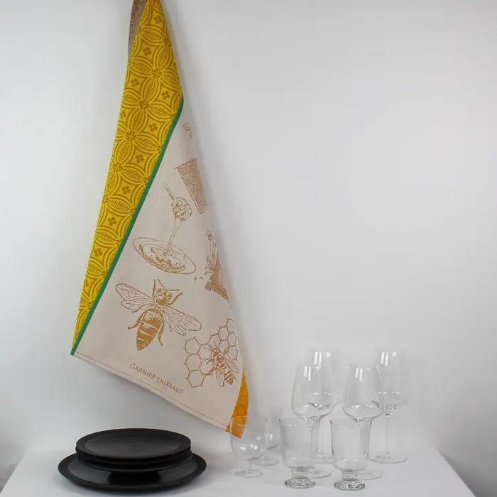 Garnier Thiebaut Miel Et Abeilles Ocre (Honey and Bees) French Kitchen Towel 22"x30", Cotton, Jacquard