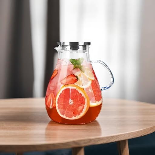 Glass Pitcher with Lid,1 Gallon Glass Water Pitcher Hot/Cold Water Jug, Juice and Iced Tea Beverage Carafe with Lid (Extra-Wide Mouth)
