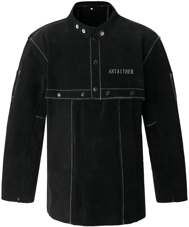 ANTAITHER Leather Welding Jacket with Open Back, Bib Apron with Cape Sleeve, Heat Flame Resistant Welder Coat