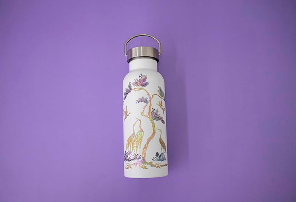 Mother of Pearl Design Stainless Steel Water Bottle 17 oz Leakproof Screw Cap Metal Handle Lid Wide Mouth Double Wall Vacuum Insulated Travel Sport Water Flask Thermo Mug (Crane Pine White)