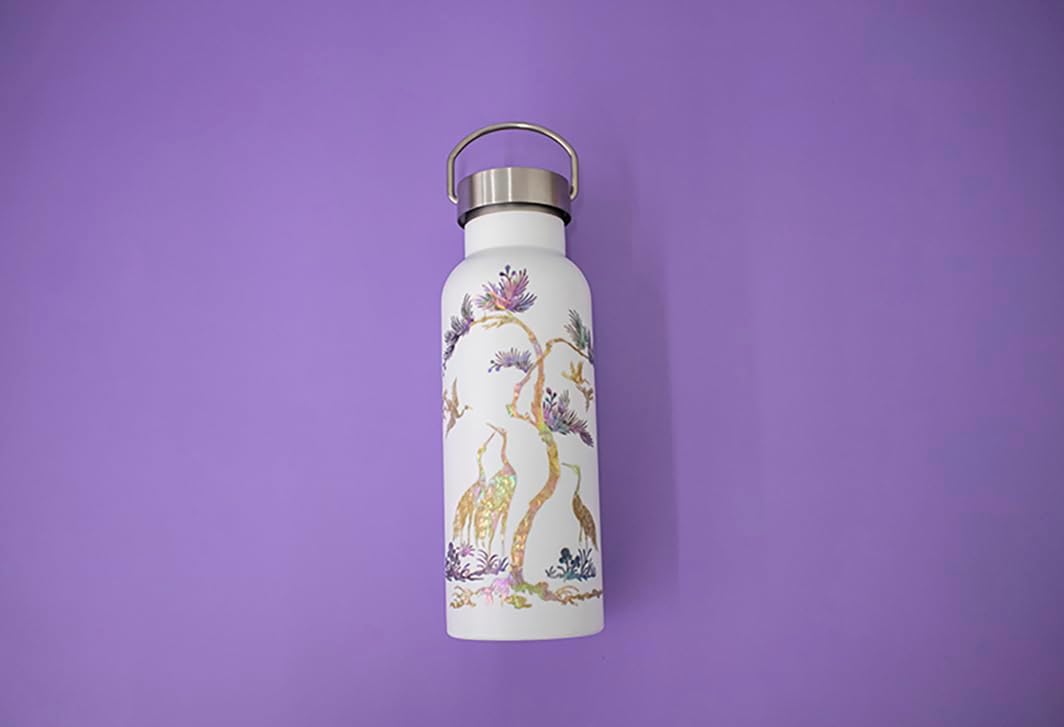 Mother of Pearl Design Stainless Steel Water Bottle 17 oz Leakproof Screw Cap Metal Handle Lid Wide Mouth Double Wall Vacuum Insulated Travel Sport Water Flask Thermo Mug (Crane Pine White)