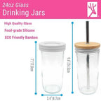 Elk and Friends Glass Mason Jars 24oz with Bamboo Straw Lids + Stainless Steel Straws | Smoothie + Iced Coffee + Bubble Tea Cups | Glass Cups with Lids and Straws