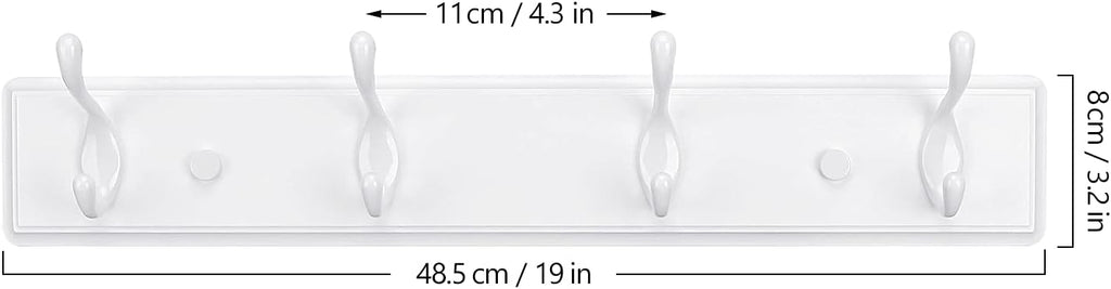 Wooden Coat Rack, Wall-Mounted Organizer for Closet, Entryway, Hallway, Foyer, Bedroom, Heavy Duty Double Hooks for Hanging Towels, Bags, Hats, Jackets, Key (White, 4 Hooks)