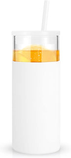 Tronco 20 oz Glass Tumbler With Lids and Straws, Reusable Smoothie Cups With Silicone Lid, Iced Coffee Cup With Silicone Protective Sleeve, Dishwasher Safe- BPA Free（White 1 Count）