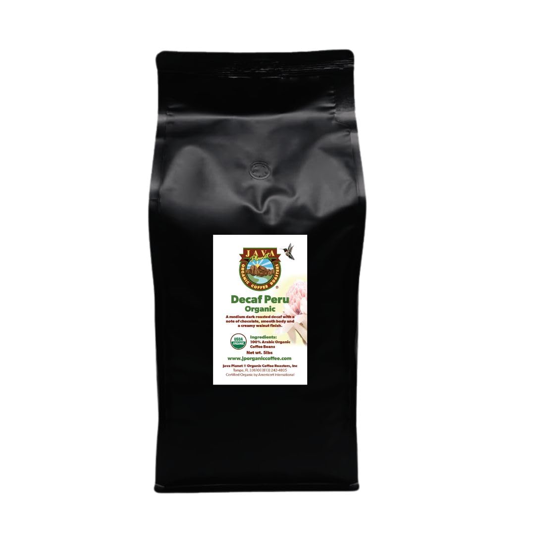 Low Acid Organic Coffee – Whole Bean, Mold-Free & Stomach Friendly by Java Planet, Peruvian Single Origin Decaf Coffee, Water Process, Medium Dark Roast, Smooth Full Flavored, 5LB Bag