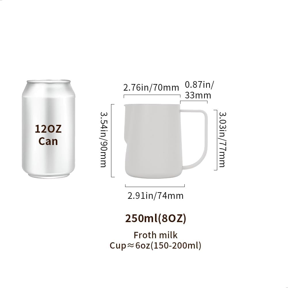 watchget Milk Frothing Pitcher 250ml/8oz Stainless Steel Espresso Steaming Pitcher Milk Coffee Cappuccino Latte Art Barista Steam Pitcher Milk Frothing Jug, White