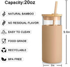 Tronco 20 oz Glass Tumbler with Straw and Lid- Glass Cup with Lid and Straw, Iced Coffee Cup Reusable, Smoothie Cups, Bamboo Lid and Protective Silicone Sleeve - BPA-Free
