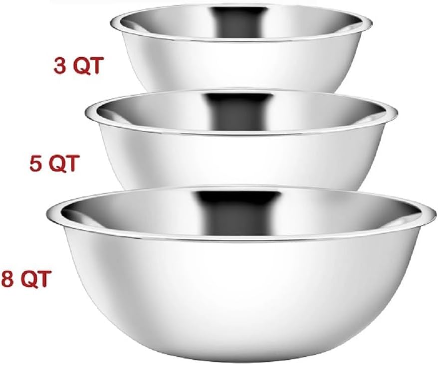 YBM HOME Stainless Steel Mixing Bowls (Set of 3) for Baking, Cooking, and Prepping, Includes 3, 5, 8 Quart, Stackable for Convenient Storage, 1174-75-76set