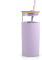 Tronco 20 oz Glass Tumbler with Lid & Straw - Iced Coffee Cup & Smoothie Cup With Silicone Sleeve | BPA-Free, Dishwasher Safe | Reusable Glass Cups with Bamboo Lids and Straws (Light Purple, 1 Count)