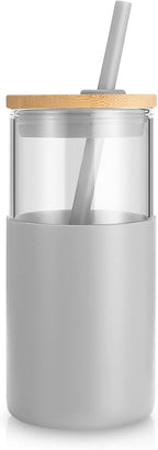 Tronco 16 oz Glass Tumbler with Straw and Bamboo Lid, Iced Coffee Cup Reusable, Smoothie Cups, Tumbler with Silicone Protective Sleeve - BPA Free