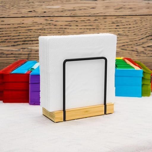 Napkin Holder for Table, Bamboo Iron Standing Napkin Dispenser for Kitchen Dining Table Farmhouse Cocktail Picnic Rustic Wood Holders for Mail Bills Suitable for All Dining Room Decors Black & Yellow