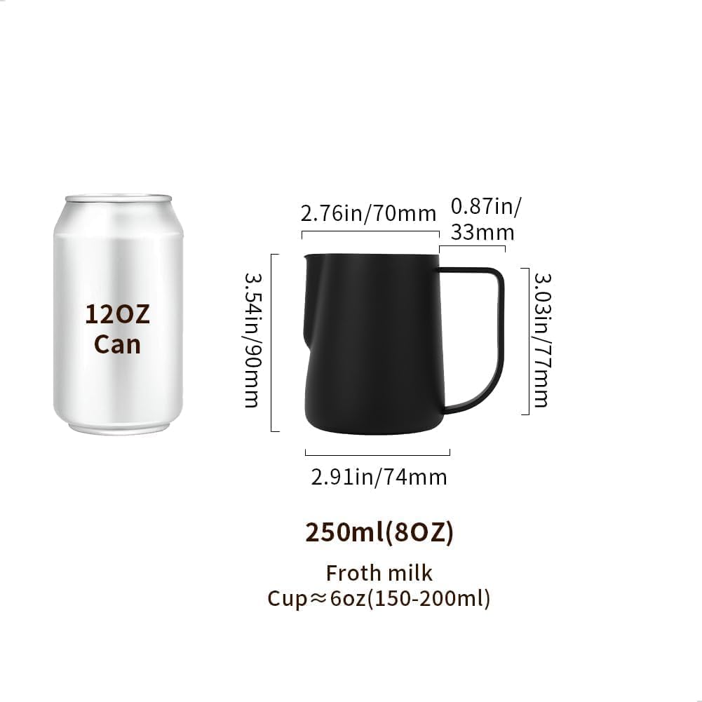 watchget Milk Frothing Pitcher 250ml/8oz Stainless Steel Espresso Steaming Pitcher Milk Coffee Cappuccino Latte Art Barista Steam Pitcher Milk Frothing Jug, Black