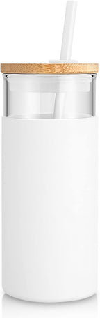 Tronco 20 oz Glass Tumbler with Lid and Straw, Reusable Iced Coffee Cup with Silicone Sleeve & Bamboo Lid, Smoothie Cup for Home, Office, for Father Men Day Gift from Wife Daughter Son (White)