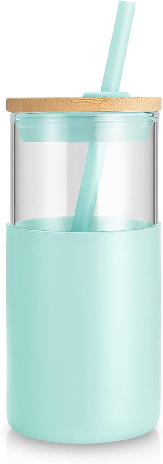 Tronco 16 oz Glass Tumbler with Straw and Bamboo Lid, Iced Coffee Cup Reusable, Smoothie Cups, Tumbler with Silicone Protective Sleeve - BPA Free