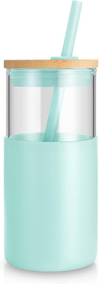 Tronco 16 oz Glass Tumbler with Straw and Bamboo Lid, Iced Coffee Cup Reusable, Smoothie Cups, Tumbler with Silicone Protective Sleeve - BPA Free