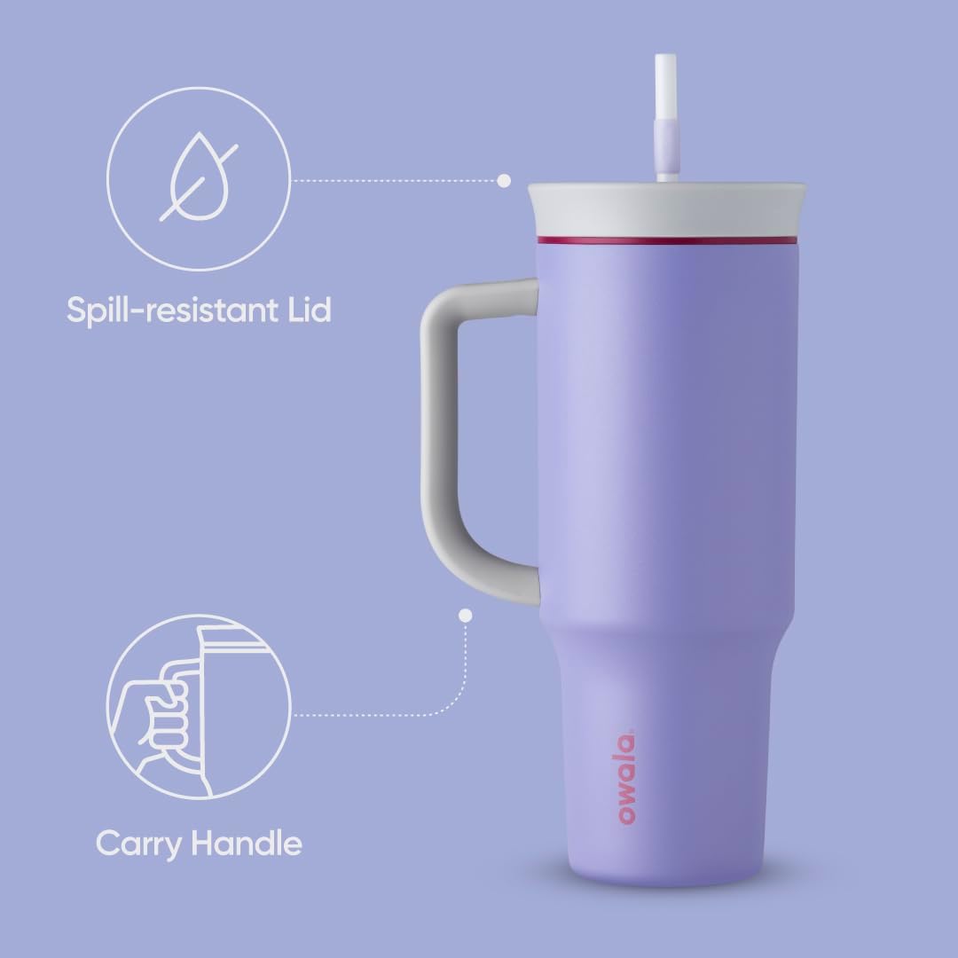Owala Stainless Steel Triple Layer Insulated Travel Tumbler with Spill Resistant Lid, Straw, and Carry Handle, BPA Free, 40 oz, Light Purple (Whimsical Daydream)