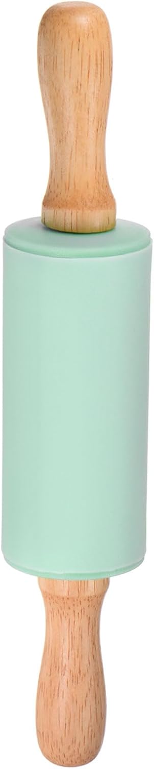 HARFINGTON Silicone Rolling Pins for Baking 9.25 Inch Non-Stick Silicone Surface Wooden Handle Rolling Pin Small Roller Playdough Rolling Pins for Fondant Kitchen Dough Pizza, Green