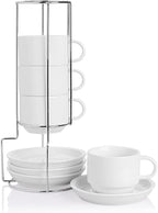 Sweejar Porcelain Cappuccino Cups with Saucers and Metal Stand, 8 Ounce Stackable Espresso Cups for Specialty Coffee Drinks, Latte, Americano, Tea - Set of 4 (White)