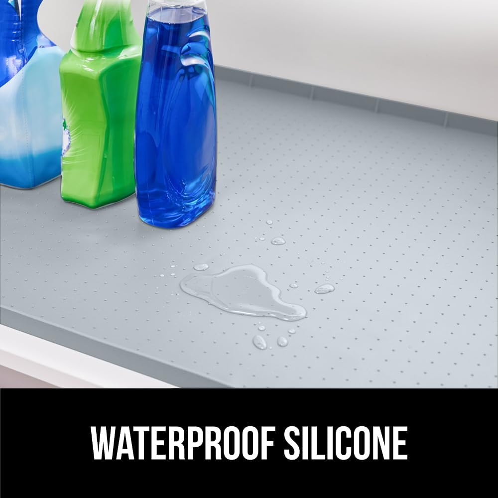 GORILLA GRIP Waterproof Silicone Under Sink Mat with Raised Lip for Kitchen and Bathroom, 28 x 22 in, Cabinet Shelf Liner Stay in Place Mats Dishwasher Safe Drawer Liner, Organizer Tray, Light Grey