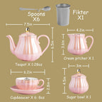 Porcelain Tea Sets British Royal Series, 8 OZ Cups& Saucer Service for 6, with Teapot Sugar Bowl Cream Pitcher Teaspoons and tea strainer for Tea/Coffee (Coral White)