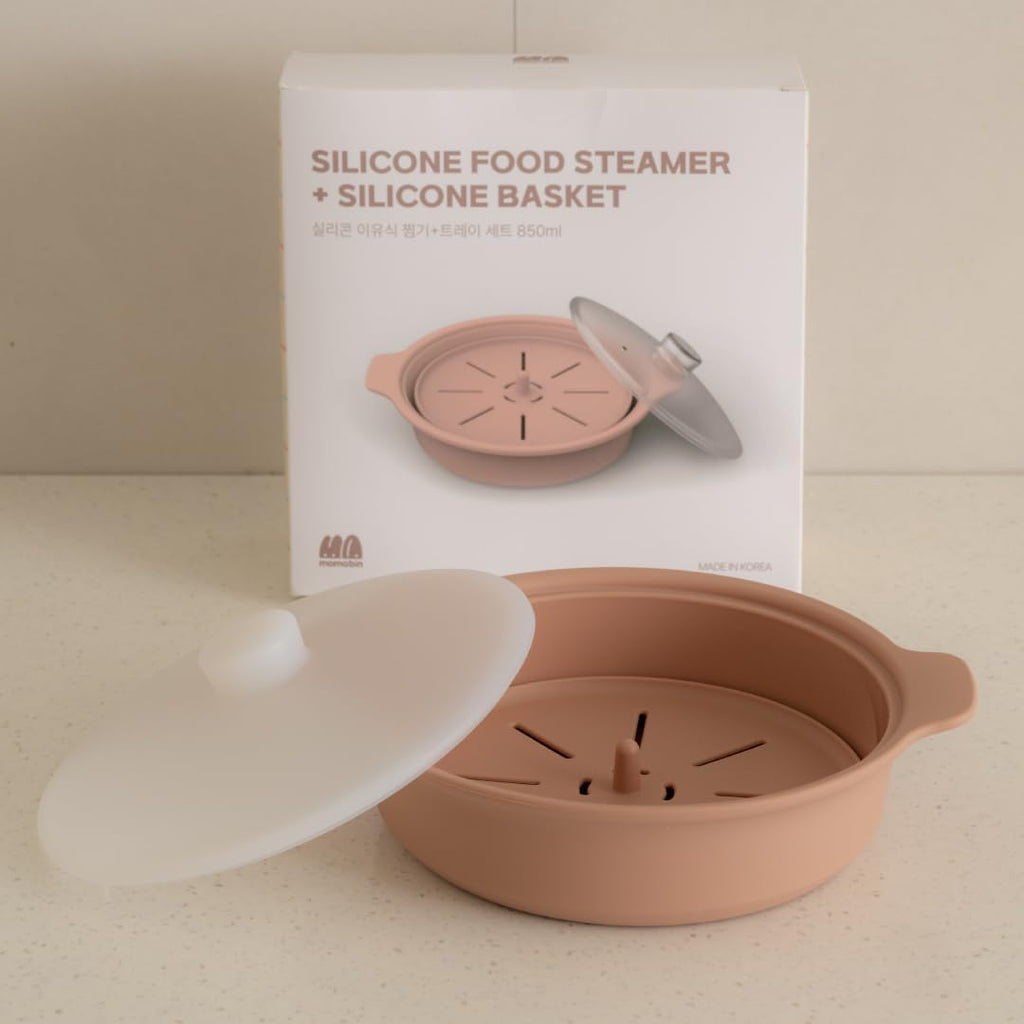 Microwave Silicone Steamer for Baby Food, Made In Korea, Oven & Dishwasher Safe to 482°F, Easy Clean, Microwave Pot with Handle & Lid, 100% Food Grade Steamer Bowl (Terracotta Rose, 29oz (850ml) with basket)