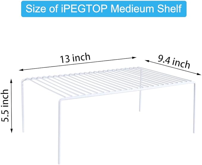 iPEGTOP Set of 6 Kitchen Cabinet Shelf Organizer, Medium (13 x 9.4 Inch) Bathroom Cabinet Organization Wire Shelf Rack, Rustproof Storage Space Saver Shelves for Countertops Pantries Utensils -White