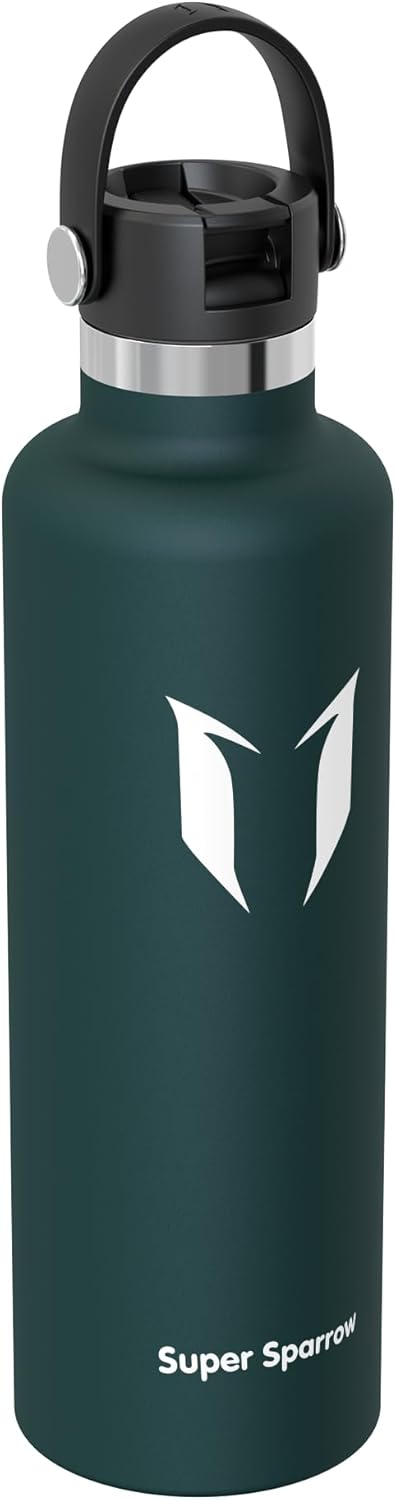 Super Sparrow Insulated Water Bottle - 17 Oz / 25 Oz / 32 Oz - Standard Mouth FlipFlow Flask - BPA Free, Leak Proof Drink Bottle- Ergonomic Straw Water Bottles for Work, Gym, Travel, Sports