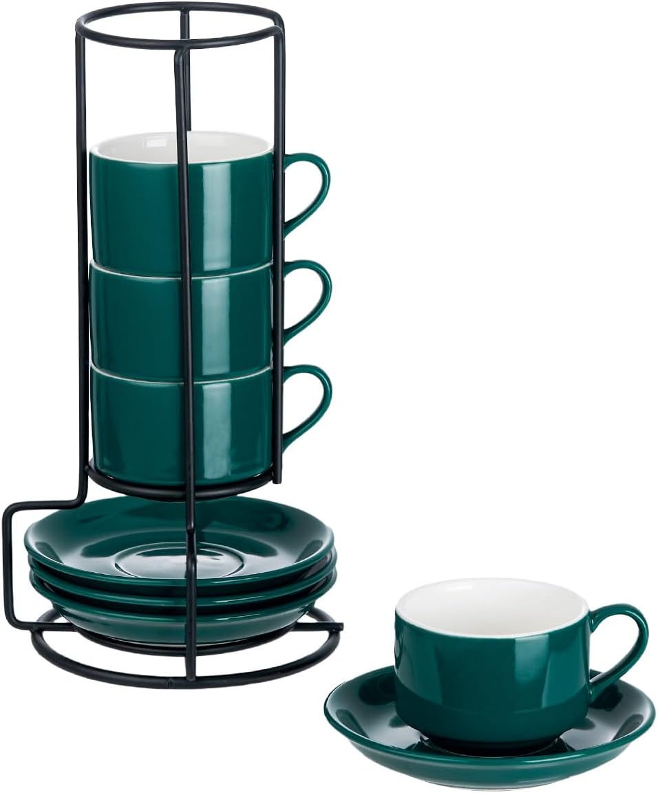 YOLIFE 2.5oz Porcelain Stackable Espresso Cups with Saucers and Metal Stand Set of 4, Stackable Cappuccino Cups, Green Expresso Shots Cup Set for Coffee Drinks, Latte, Tea