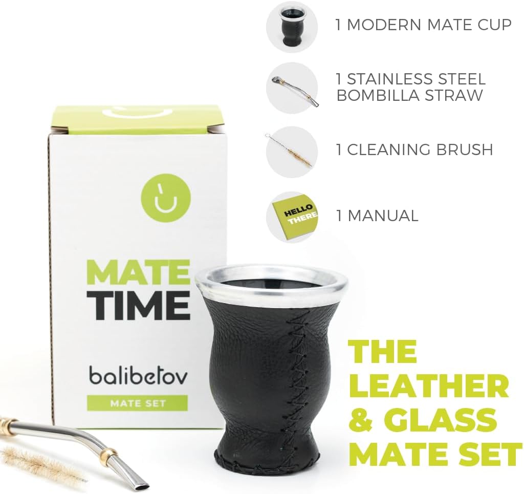 BALIBETOV Leather & Glass Yerba Mate Gourd Set (Mate Cup) with Yerba Mate Bombilla