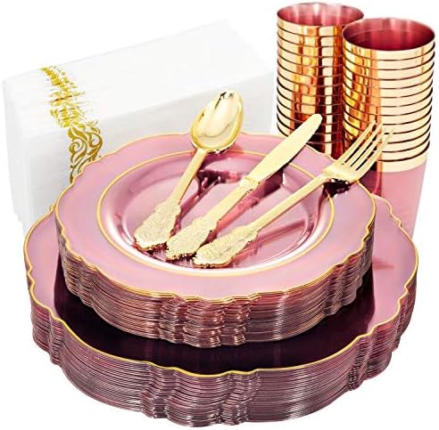 KIRE 210Pcs Clear Pink Plastic Plates with Gold Rim - Disposable Gold Silverware &Pink Cups&Hand Napkin - Plum Colored Plastic Dinnerware for Upscale Wedding