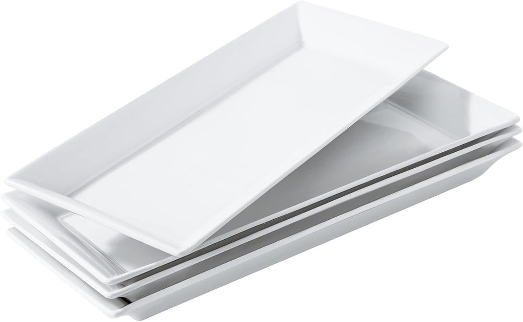 Rectangular Ceramic Serving Platters Set of 4, 14 inch Large Porcelain Serving Plates, White Appetizer Trays, Dishwasher Safe Plates for Steak, Charcuterie, Thanksgiving Turkey, Desserts