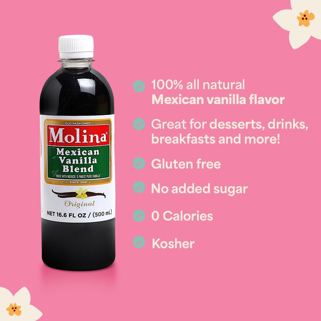 Vanilla Molina - Mexican Vanilla Blend with Pure Vanilla Extract - 2 Pack (16.6 Fl Oz Bottles) - 33.86 Fl Oz Total, Natural Flavoring for Baking, Drinks and Desserts