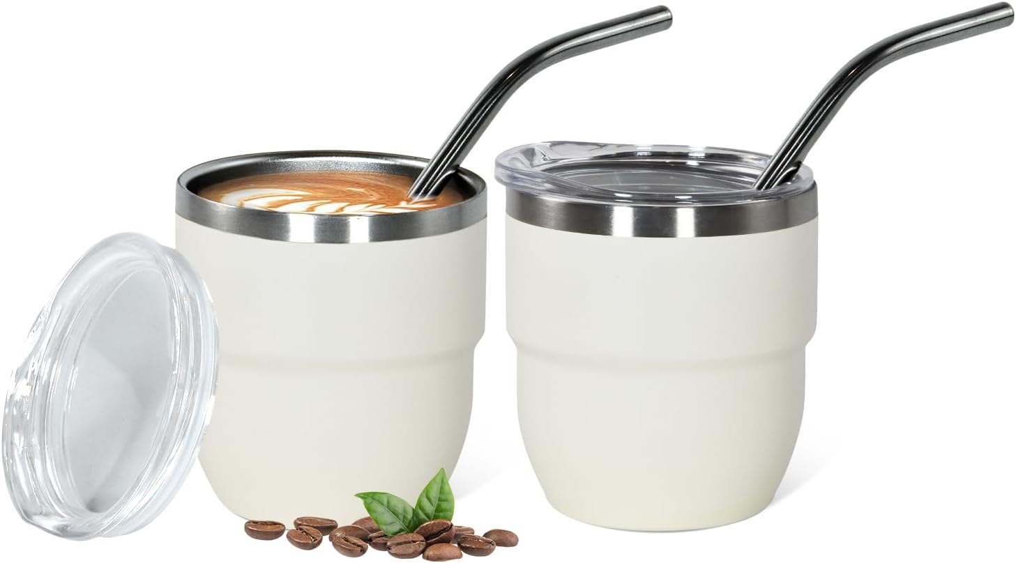 4oz Stackable Cup, Vacuum Insulated Espresso Cup Set of 2, Espresso Shot Glass for Coffee, Double Wall Stainless Steel Mini Tumbler Shot Glasses with Straw and Lid (A-white2P, 4oz)